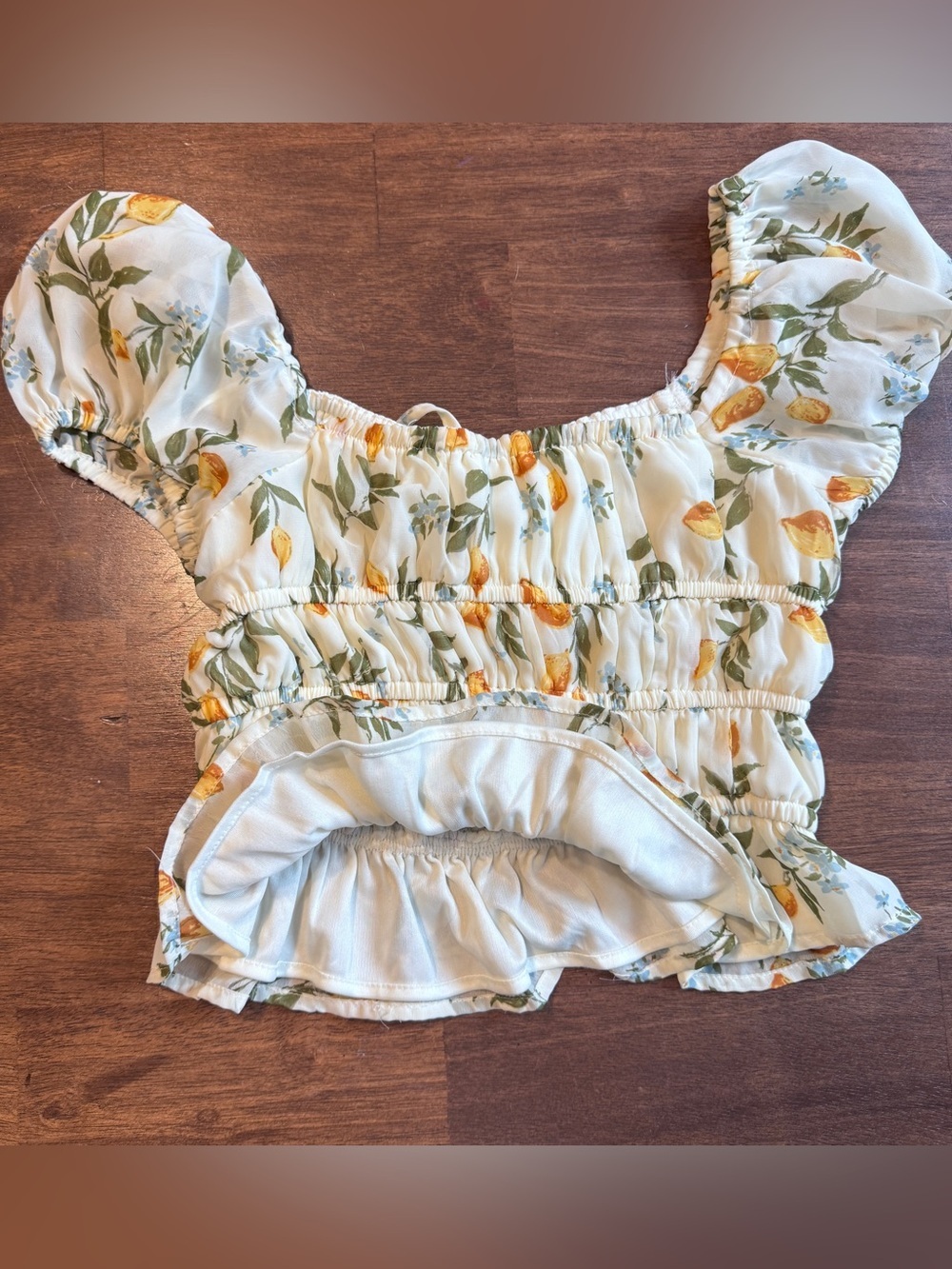 Joya XS Lemon Floral Puff Sleeve Smocked Peplum Top Tie Front Cottagecore - Picture 4 of 4